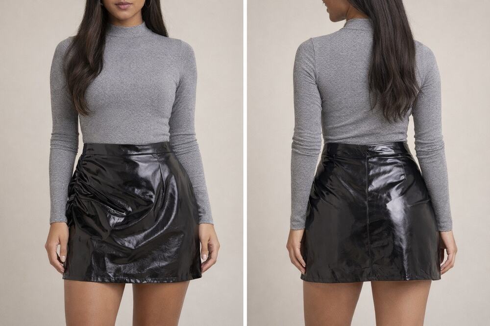 NWT Endless Rose Black Patent Side Ruched Leather (Faux) Mini Skirt Size M